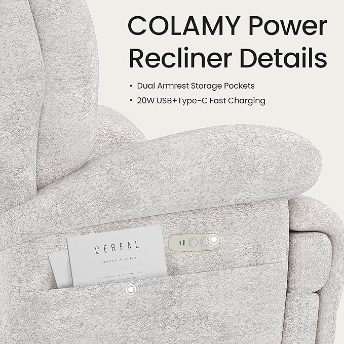 COLAMY Floren Power Swivel Recliner Chair with USB & Type-c Charge,Oversized and Padded Upholstered Deep Seat and Armrest，Rocking Recliner with Double Storage Pockets,Beige