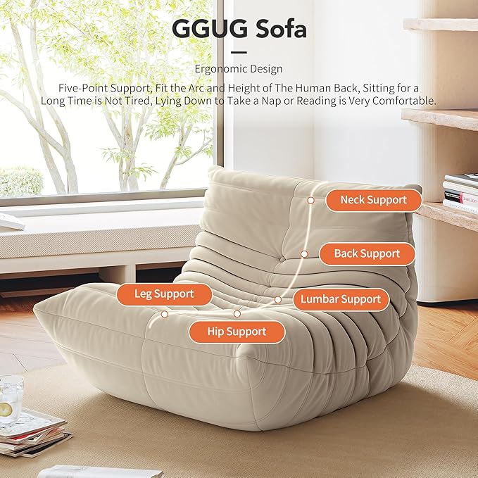 High-end Bean Bag Chair, Fireside Togo Chair with Antique White Suede Fabric Cover, Comfy & Soft Lazy Floor Lounge Sofa for Bedroom, Living Room, Office or Lounger