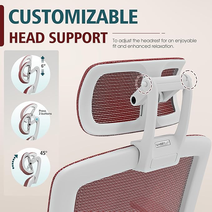 GABRYLLY Ergonomic Office Chair, High Back Home Desk Chair with Headrest, Flip-Up Arms, 90-120° Tilt Lock and Wide Cushion, 400LBS Mesh Chairs for Man Woman, White Task Chair(Red,GY01WR)