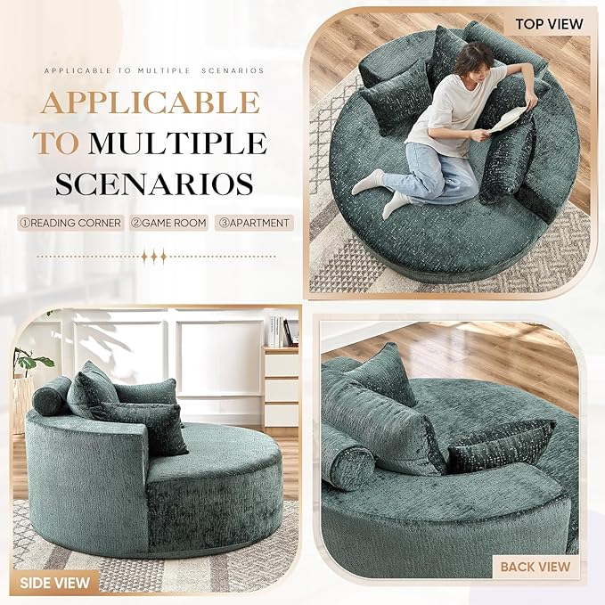 JEEOHEY Modern Round Accent Sofa Chair for Living Room, Upholstered Chenille Barrel Lounge Arm Chair with Large seat&Throw Pillows for Bedroom, Office, Apartment, Green