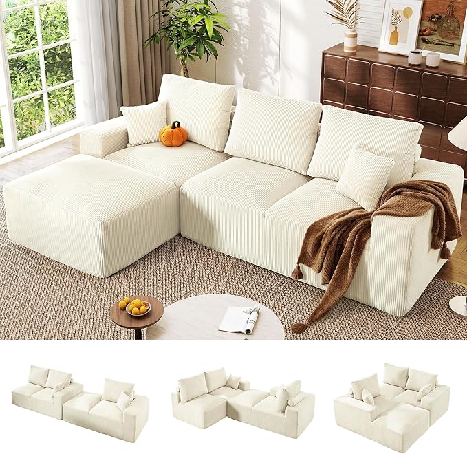 WESTSETLUX 108” Cloud Sectional Sofa Couch with High-Seat, Corduroy Modular Sofa with Oversized Chaise, High-Back Modern L-Shaped Couches for Living Room, No Assembly Required (White)