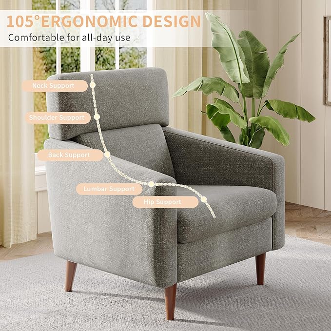 EJUNQ Mid-Century Accent Chair,Fabric Modern Reading Living Room Chairs, Upholstered Armchair with Wood Legs，Cozy Reading Chair for Living Room，Bedroom（Grey
