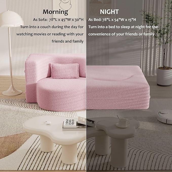 SZLIZCCC 78'' Modern Floor Sofa Bed, Convertible Teddy Fabric Sleeper with 2 Pillows, Modern Teddy Fabric Floor, Foam Folding Mattress for Living Room, Guest Bed, Playroom & Small Spaces (Pink)
