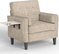 Chenille Accent Chair, Mid Century Modern Arm Chair with Foldable Wooden Side Table & Cup Holder - Comfy Reading Chair for Bedroom,Living Room Chairs,Single Sofa Chair,Beige