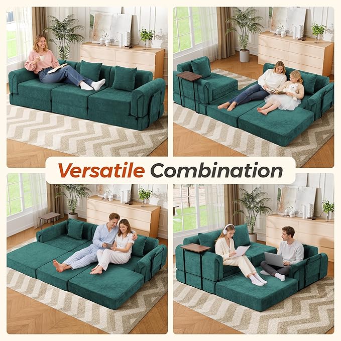 100" Oversized Convertible Sleeper Sofa Bed, Modular Sectional Cloud Sofa with Fixed-Shape Frame & Tabletop, Boneless Couch with Storage Pocket for Living Room, No Assembly Required, Green