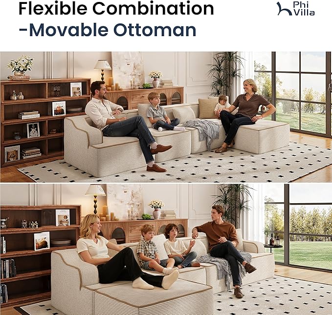 PHI VILLA Cloud Modular Couch Sets, 134" L-Shaped Sectional Sofa with Movable Ottoman, 5-Seater Couches with Deep Seat for Living Room, No Assembly Required, Corduroy, Beige
