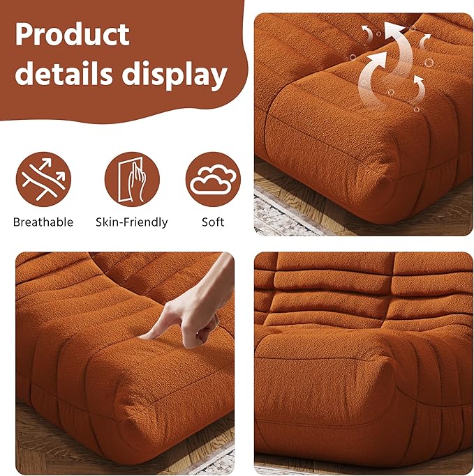 Bean Bag Chair, Fireside Chair, Large Bean Bag Chair for Adults, Bean Bag Chairs for Teens with High-Resilience Foam, Non-Slip Base Floor Lounge Sofa,Living Room (Orange, 3-Seater)