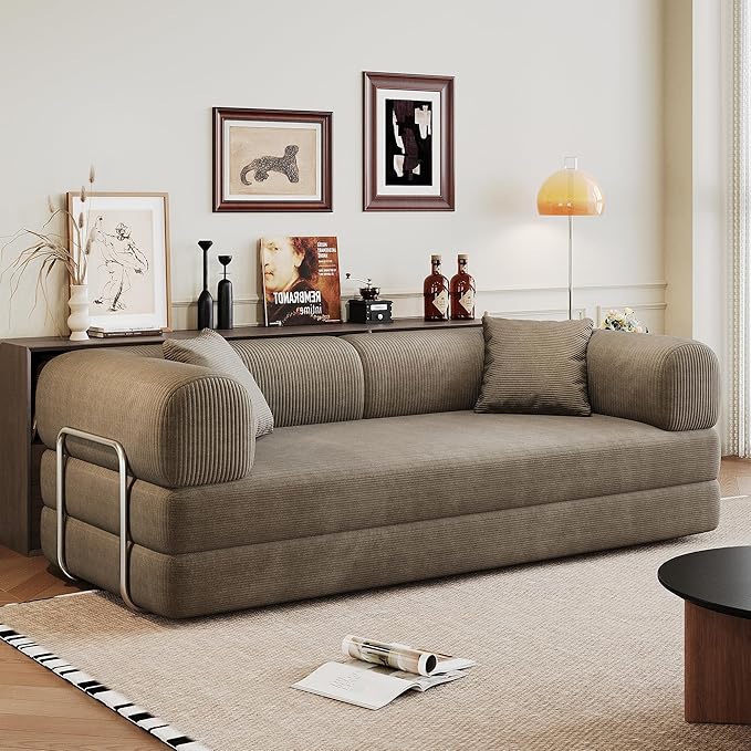 79" Convertible Sofa Bed, Corduroy Folding Pull Out Couch with Pillows, No Assembly Modern Boneless Couch Compression Sofa in Box, Floor Sofa with Support Rods for Living Room,Camel