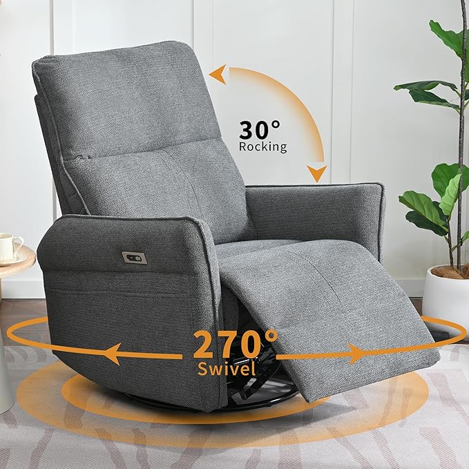 QKFF Power Swivel Rocker Recliner Chair for Nursery, Upholstered Snowflake Velvet 270°Swivel Glider Rocker Chair with USB Ports, Small Power Recliners for Small Spaces Living Room