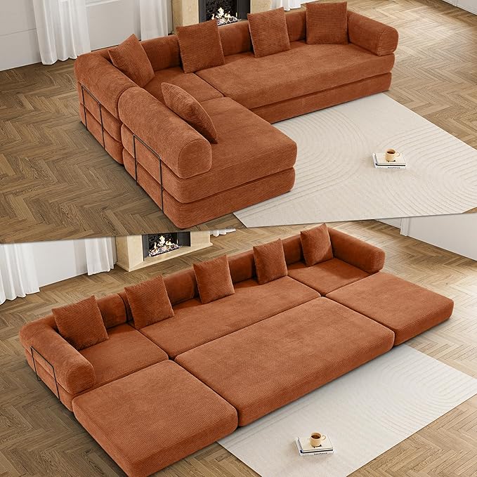 DAMAIFROM 157" Convertible Sleeper Sofa Bed Set with Pillow, 4-in-1 Corduroy Folding Mattress Boneless Couch with Fixed-Shape Frame, Fold Out Floor Sofa Cama Lounge Couch for Living Room, Orange