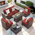 7 Piece Patio Furniture Set with Fire Pit Table, Outdoor Conversation Sets Wicker Rattan Sectional Sofa with Coffee Table, 4'' Thickened Cushion Wine Red (Include Waterproof Cover)