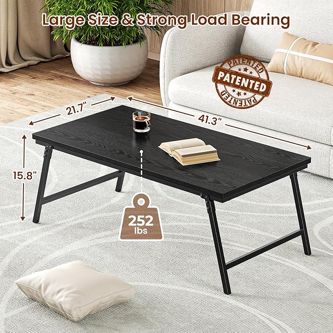 ALLSTAND Folding Coffee Table for Small Spaces, Leg Latches Collapsible Foldable Coffee Table Portable Sturdy, No Assembly Low Tables for Living Room (Black, Opened Size: 41.34L×21.65W×15.75H)