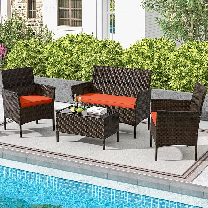 HAPPYGRILL 4 Pieces Outdoor Rattan Conversation Set, Patio Wicker Furniture Set with Loveseat Chairs & Tempered Glass Coffee Table, Outside Sectional Sofa Set for Backyard Garden Poolside, Orange