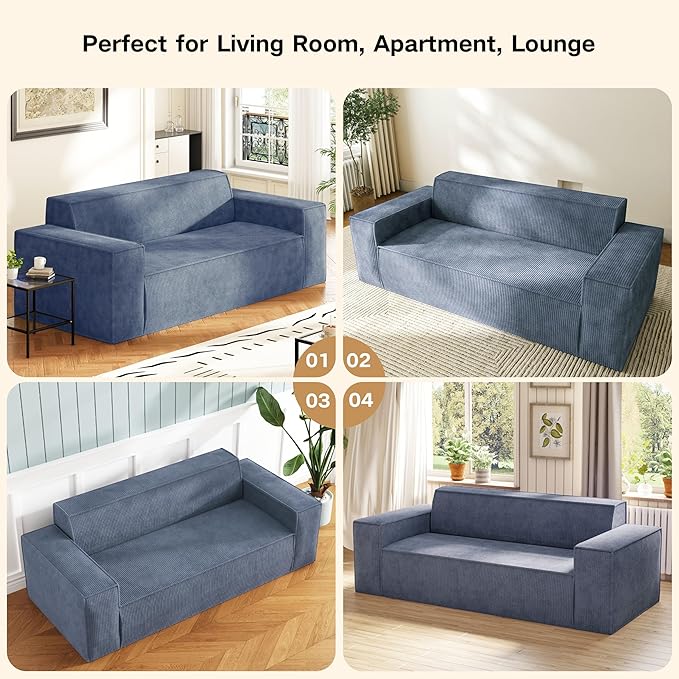 Swbvs Sofa-in-a-Box, Memory Foam 3-Seater Couch, No Installation & Easy to Transport, Deep Seat Modern Sofa with Corduroy Fabric, Couch for Living Room, Bedroom, Apartment, Home Office,Grey