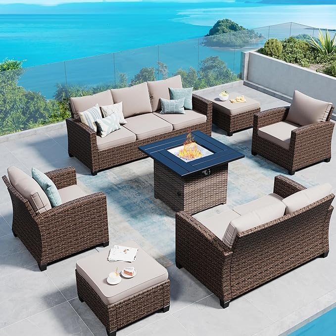 Patio Furniture Set Outdoor Furniture Brown Wicker Rattan Patio Conversation Sets with Cushion Outside Sofa Set,6 Pieces with Firepit Table,9 Seats,Beige
