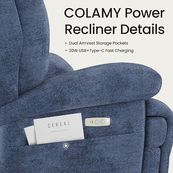 COLAMY Floren Power Swivel Recliner Chair with USB & Type-c Charge, Oversized and Padded Upholstered Deep Seat and Armrest, Rocking Recliner with Double Storage Pockets, Blue