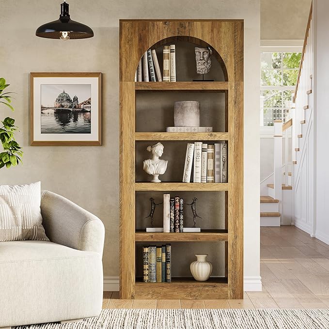 LITTLE TREE 5-Tier Arched Bookshelf Set of 2, Modern 70.8 Inches Tall Wooden Bookcase, Open Display Storage Shelf Organizer for Living Room, Home Office, Bedroom, Light Brown