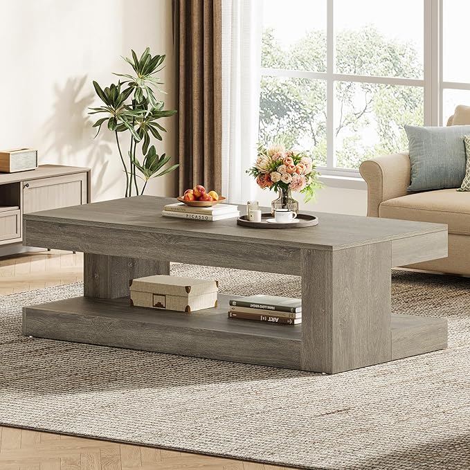 Tribesigns Coffee Table for Living Room, 47.24 Inch Farmhouse 2-Tier Accent Center Tea Cocktail Table with Storage, Elegant Grey, Rectangular