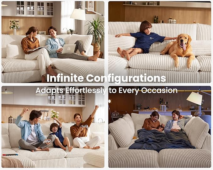 Oversized Modular Sofa, Extra Deep Cloud Corduroy Sectional Couch with Ottoman Chaise, Fluffy Corduroy 5 Seater Sofa Bed for Living Room, Villa (L Shape 5 Seater, Corduroy White)