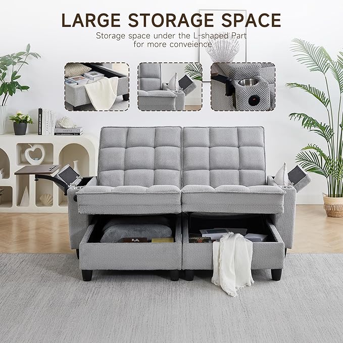 70.9" Chaise Lounge Chair Indoor, Oversized Boucle Upholstered Sofa Bed, Adjustable Backrest Deep Seat Reading Chair, Sofas Couches for Living Room with Storage, Cup Holders and 360° Swivel Side Table