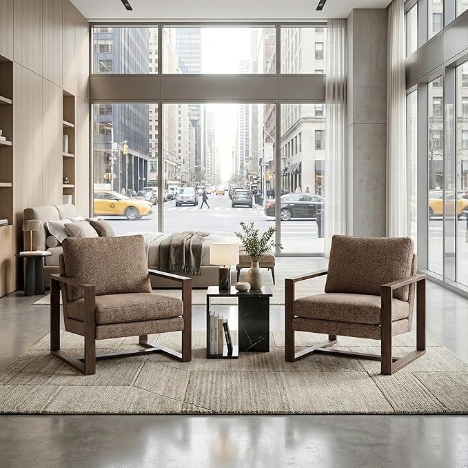 Modern Linen Accent Chair Set of 2 for Living Room Bedroom Mid Century Armchairs with Metal Frame, Upholstered Office Accent Chairs Comfy Waiting Room Chairs with Metal Frame, Espresso Brown