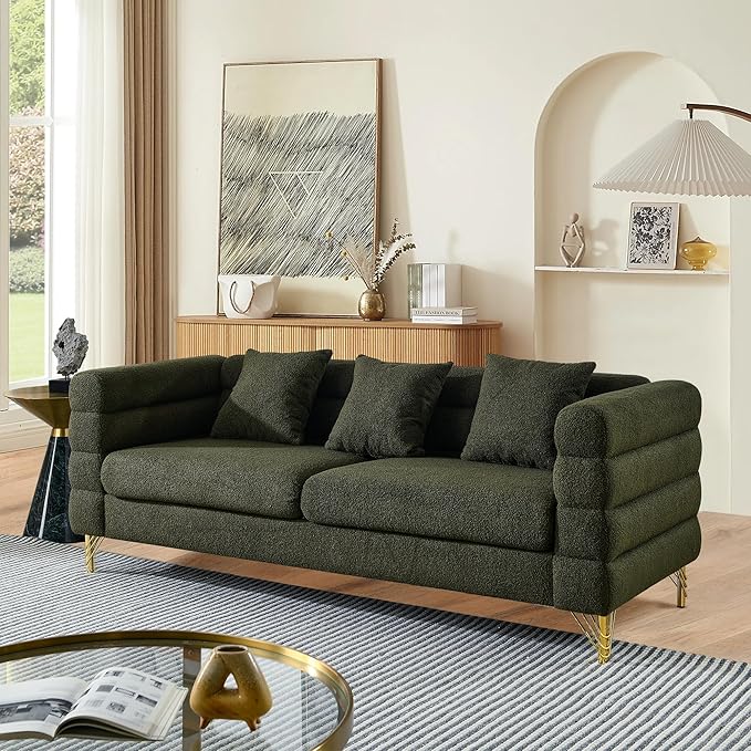mikibama Modern Teddy Sectional Sofa, 81 Inch Oversized Sofa Couch, Luxury 3 Seater Deep Couch with 3 Pillows and Gold Metal Legs for Living Room, Bedroom, Apartment (Green)