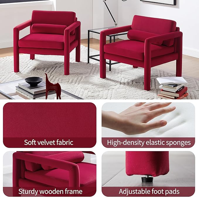 Art Leon Modern Accent Chair, Velvet Upholstered Arm Chair with Pillow, Single Sofa Chair for Living Room Bedroom, Red