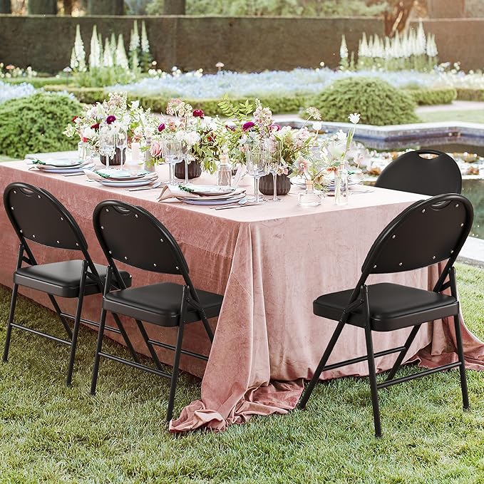 GAOMON 4 Pack Folding Card Chairs, Thickened Padded PU Cushion, Metal Legs and Non-Slip Feet Pads, Portable Stackable Commercial Seat for Events, Office, Wedding, Party, Black