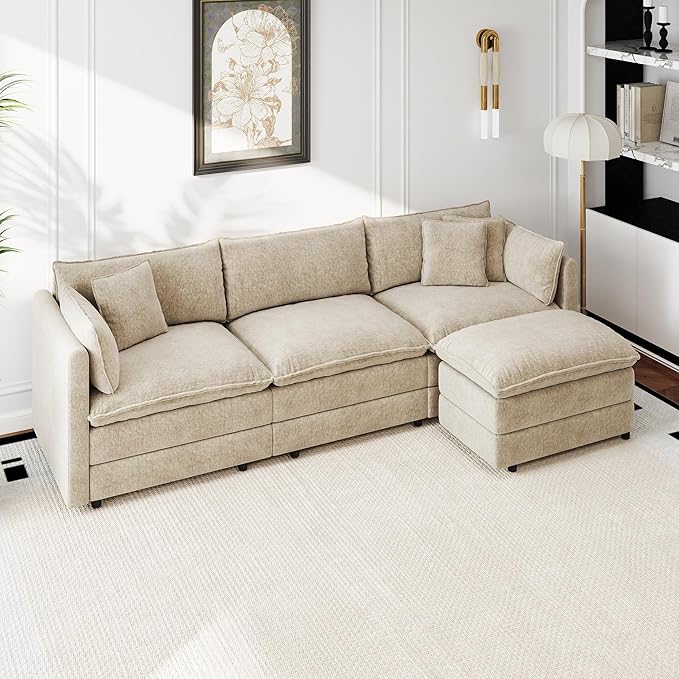 Aoowow Modular Sectional Sofa Modern Convertible L Shaped Couch,112.2 Inch Deep 3-Seater Sofas Set Comfy Chenille Cloud Sofas and Couches with Movable Ottoman for Living Room Apartment（Camel）