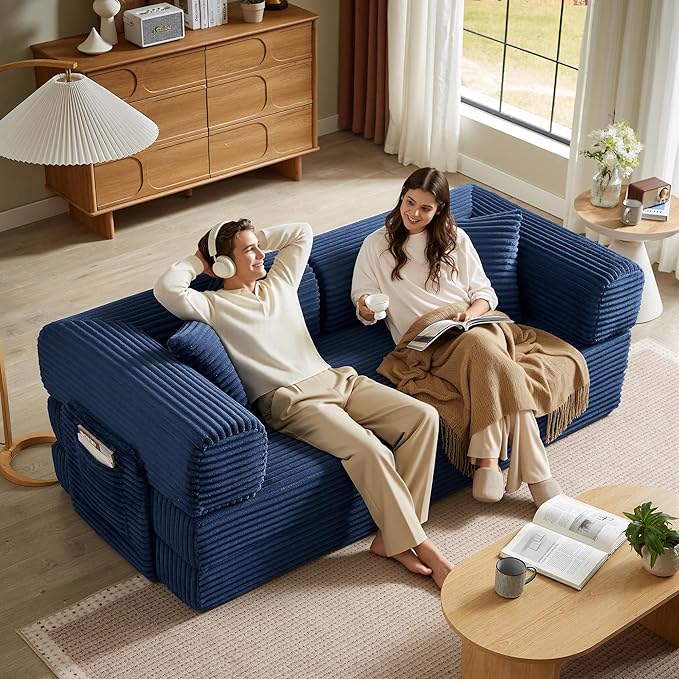 Chorlenimi Boneless Couch Futon Sofa Bed Sectional Couches for Living Room,Cloud Couch with Sleeper Sofa,Sofas for Living Room Oversized Corduroy Upholstered (Blue, 81 Inches (with Iron Frame))