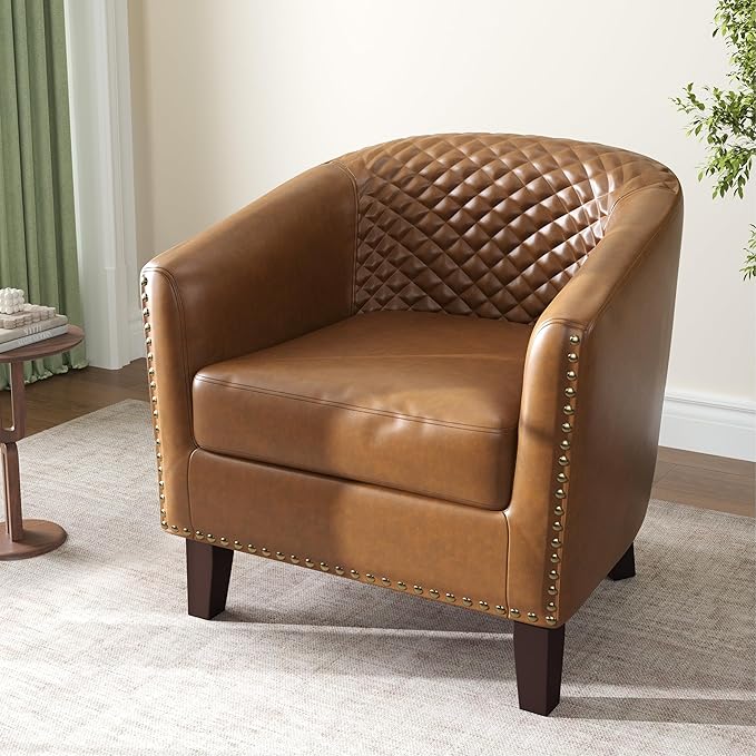 DREAMSIDEA Accent Barrel Chair, Upholstered Faux Leather Club Chair with Nailed Trim, Comfy Reading Armchair for Living Room Bedroom Reception Room Office (Coffee, Set of 2)