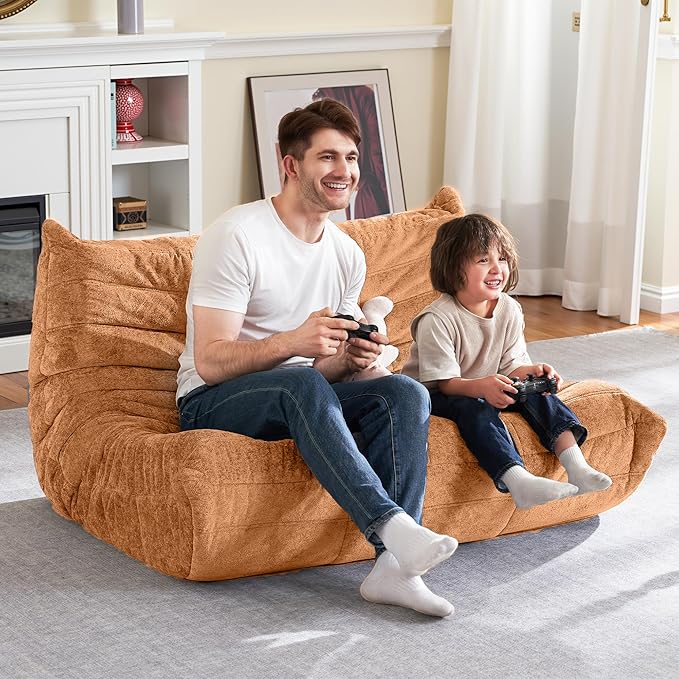 HABUTWAY Bean Bag Chair, Giant Bean Bag Chairs for Adults, Loveseat Fireside Chair, 2 Seater Lazy Bean Bag Sofa Memory Foam Couch for Living Room, Bedroom, Office (Brown)