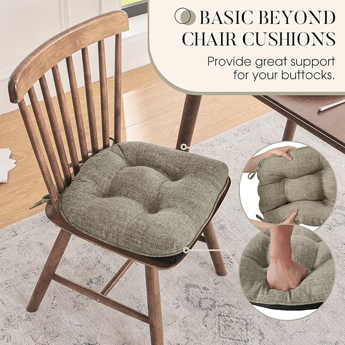 Basic Beyond Chair Cushions for Dining Chairs 6 Pack, Chair Cushion with Ties and Non Slip Backing, 15.5 x 15.5 inches Tufted Chair Pads for Dining Chairs, Khaki