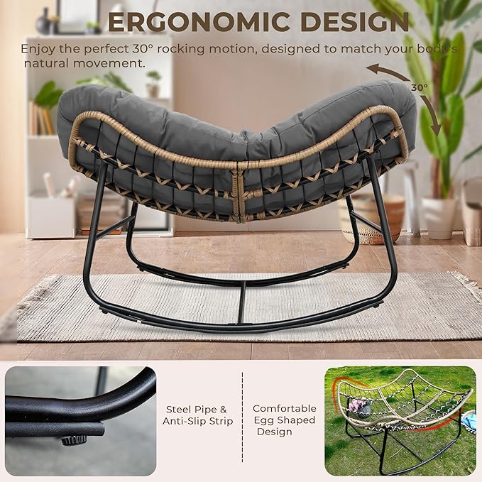 Sgentle Papasan Rocking Chair for Outdoor & Indoor, Oversized Patio Rocking Chair with Cushions & Steel Frame, Wicker Egg Lounge Chair, Comfy Reading Chair for Patio, Deck, Porch (Grey, Style 2)