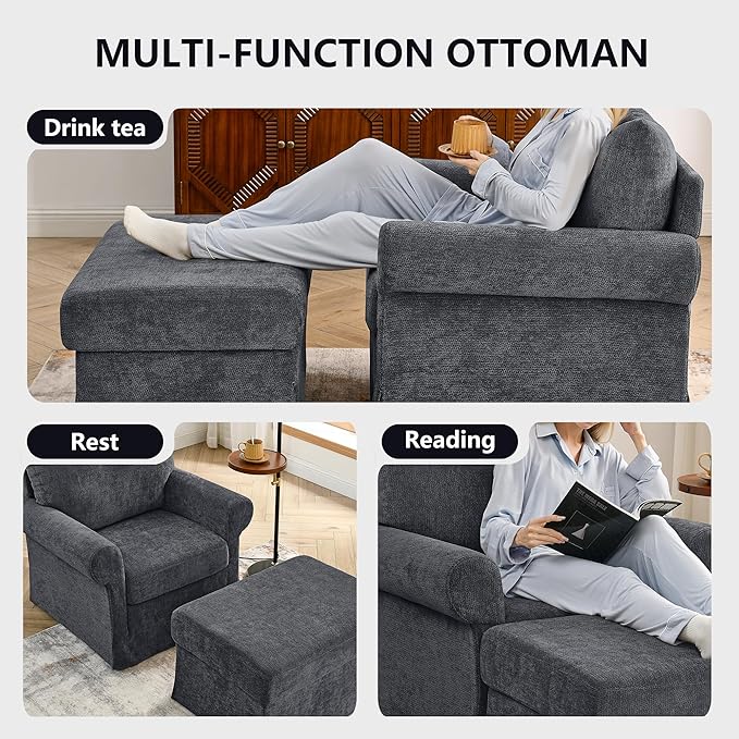 35.82" Accent Chair with Ottoman Set,Upholstered Living Room Chairs for Reading Chair with Chaise Lounge Chairs Indoor, Comfortable Armchair for Bedroom (Gray, 35.82")