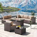 Kullavik 8 PCS Outdoor Patio Furniture Set with 43" 55000BTU Gas Propane Fire Pit Table PE Wicker Rattan Sectional Sofa Patio Conversation Sets,Khaki