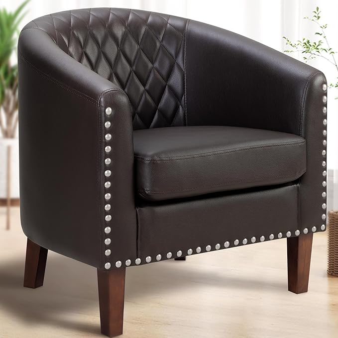 PrimeZone Barrel Chair, Comfy Accent Chair, Faux Leather Living Room Chairs Club Chair with Cushion, Nailhead Trim and Diamond Mesh Backrest, Reading Chair for Bedroom Waiting Room Office, Brown