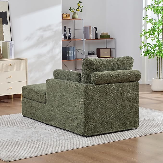 KEIKI 60" Chaise Lounge Chair Indoor, Modern Deep Seat Sofa Bed, Corduroy Couch with Cushions, Single Sleeper Chair for Living Room, Bedroom, Apartments, Green (Right Side)