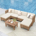 PHI VILLA Sectional Outdoor Couch, Small Patio Furniture Set with Cushions and Acacia Wood Coffee Table, U-Shaped Wicker Outdoor Sofa for Deck or Porch, 6 Seats, Beige