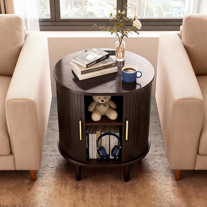 DHH Mid Century Modern Nightstand with Charging Station, Fluted Accent Side Table with Sliding Door & Adjustable Shelf, End Table for Small Space, Living Room, Bedroom,Sofa Couch(1, Brown)