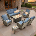 ovios 8 Pieces Patio Furniture Set, Outdoor Wicker Sofa Couch with Swivel Chairs 42" Fire Pit Table, High Back Modern All Weather Conversation Sets, Grey Rattan, Denim Blue