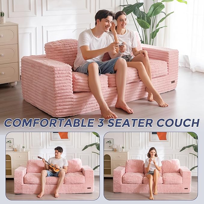 MAXYOYO 3-Seater Boneless Sofa Couch in a Box, Modern Faux Fur Sofa for Living Room, Soft High-Density Foam Couch with Pillows, Fluffy & Supportive Chair Lounge, No Assembly Required, Pink