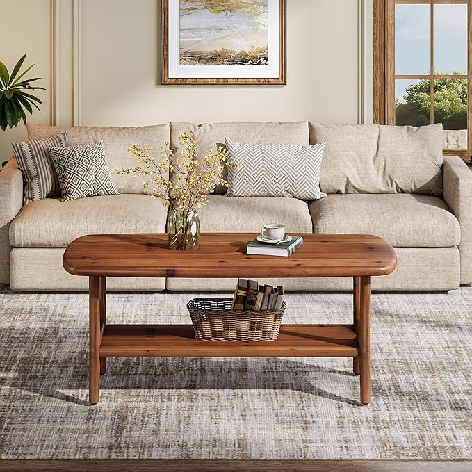 Solid Wood Coffee Table, 47.24” Mid-Century Modern Rectangle Living Room Table, 2-Tier Center Table for Living Room
