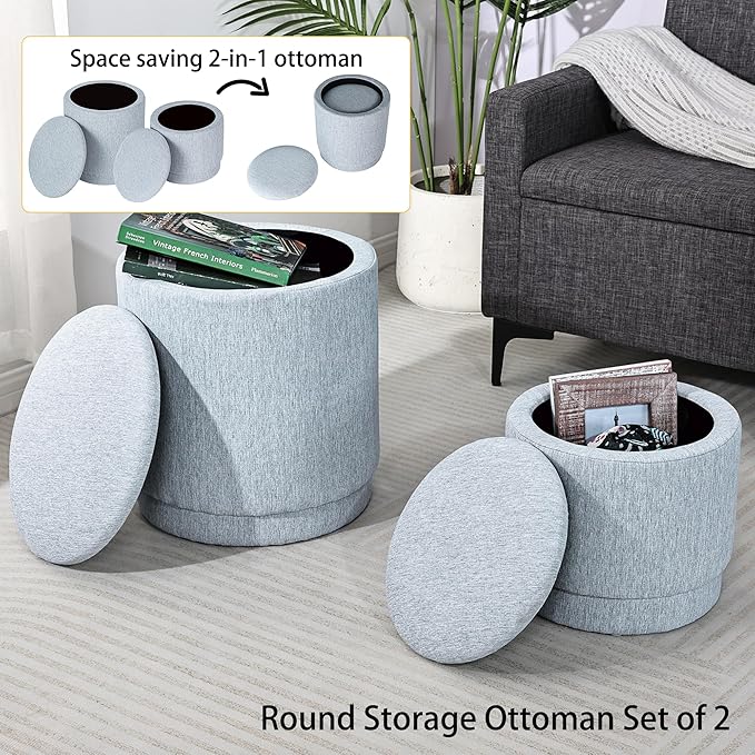 Homebeez Set of 2 Round Ottomans with Storage, Linen Cotton Stool for Living Room Bedroom, Multifunctional Footrest, Coffee Table, Vanity Seat, 300 lbs Capacity, Light Blue