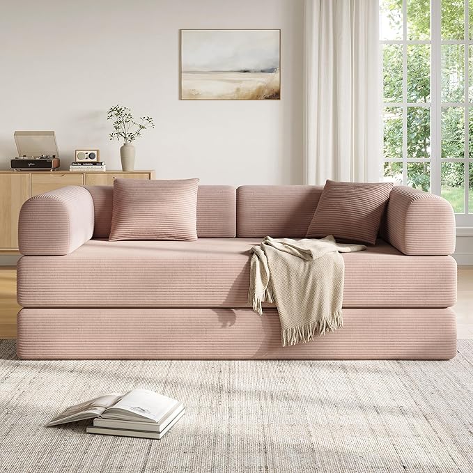 79 Inch 5-in-1 Convertible Sofa Bed, Corduroy Boneless Floor Couch with Fixed Frame & Pillow, Modular Folding Mattress Lounger for Small Space, Living Room, Bedroom - Easy Assembly(Pink)