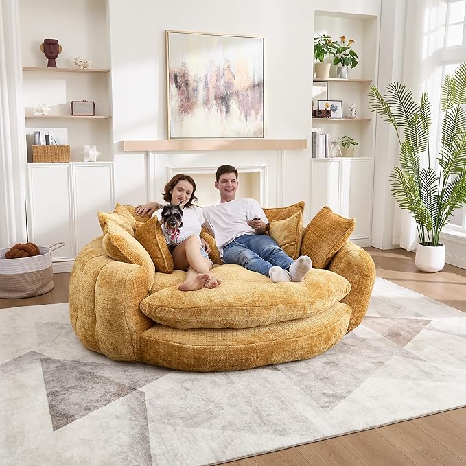 81" Oversized Bean Bag Chair Boneless Round Chaise Lounge Comfy Chenille Reading Chair Fluffy Plush Sofa Bed Large Deep Seat Circle Cloud Couch for Living Room, Bedroom, Apartment, Yellow