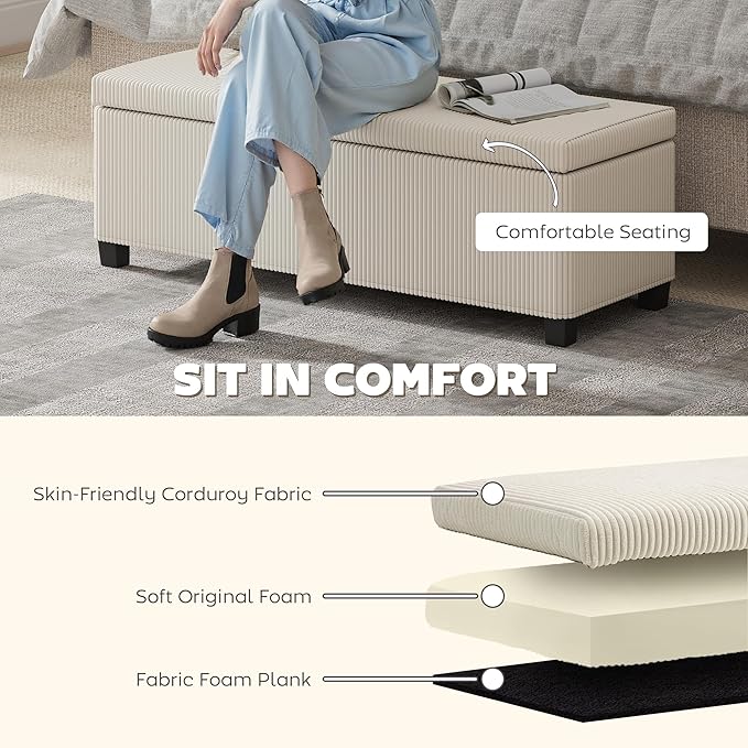 HOMCOM 44 Inches Storage Ottoman Bench, Foot Rest with Removable Lid, Legs, End of Bed Bench, Corduroy Storage Chest, Padded Seat, for Living Room, Bedroom, Entryway, Beige