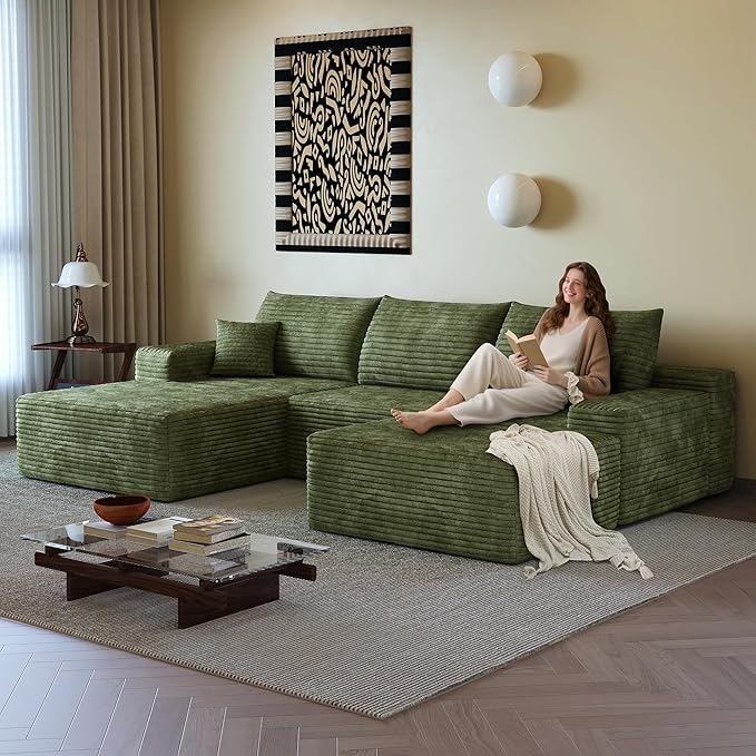 AUGOP 108" Sectional Couches for Living Room Modern Modular Sofa with L-Shape Couchs Upholstered Boneless Couch Deep Seat Sectional Couch with Chaise (Green, Left Facing Chaise+2Seaters+1Ottoman)
