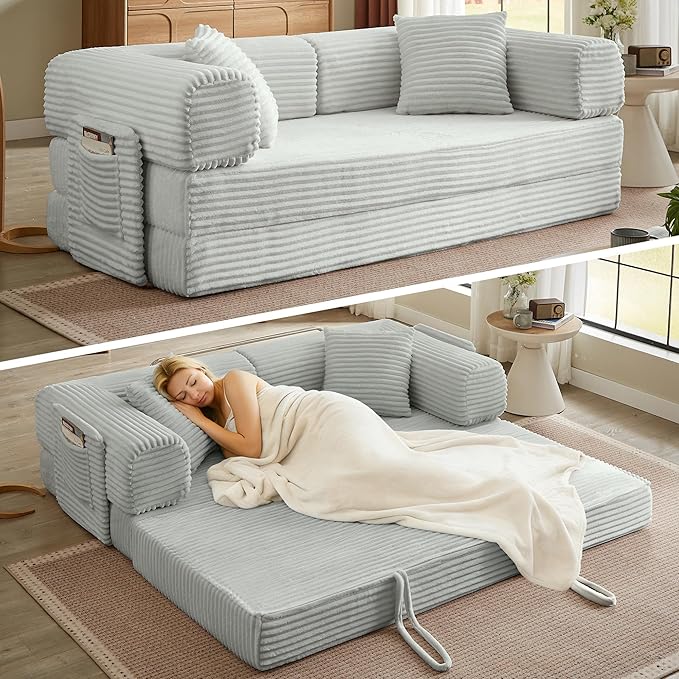 AUGOP Boneless Couch Folding Couches for Living Room Sofa, Futon Sofa Bed with Sleeper Sofa, Futon Couch with Fixed-Shape Oversized Corduroy Upholstered (Light Grey, 81 Inches)