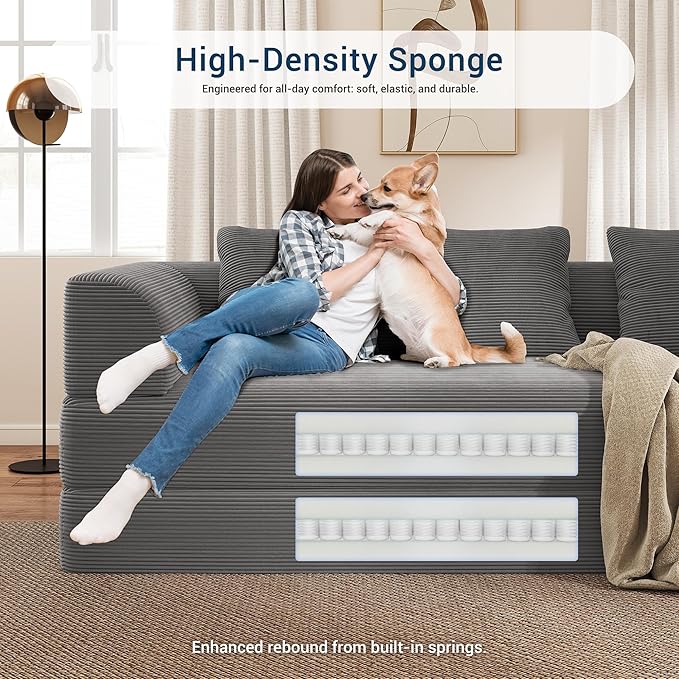 Cloud Boneless Convertible Sleeper Sofa Bed for Living Room 89" 4-in-1 Foldable Compressed Lounge 3 Seater Floor Couches High-Density Sponge & Corduroy Fabric Multi-Form Pull Out Futon Daybed(Gray)